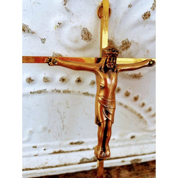 Vintage Brass INRI Crucifix Cross Jesus Wall Hanging - Picture 6 of 11